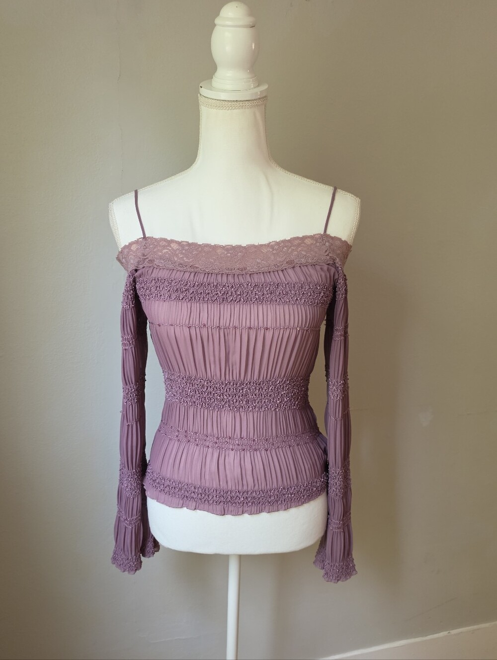 Smocked Off-Shoulder Long Sleeve Top in Mauve